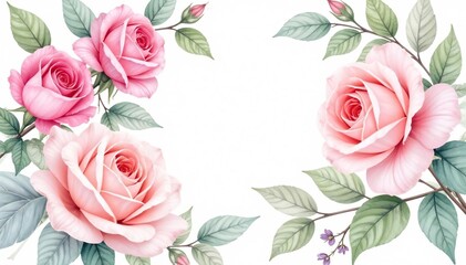Wall Mural - Delicate watercolor roses & leaves, soft pastel hues,  summer,  romantic,  rose pattern