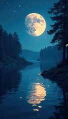Wall Mural - Serene moonlit river, stars shimmering on water, mystical, serenity