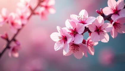 Wall Mural - Delicate pink sakura blossoms, soft petals, branch details, repeating pattern, pretty