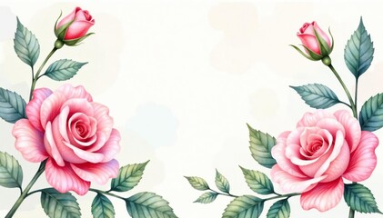 Wall Mural - Delicate watercolor roses & leaves, pastel hues, floral pattern, texture, design