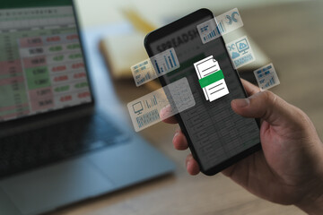 Fototapete - a professional analyst uses digital software and spreadsheets to present finance data, charts, and r
