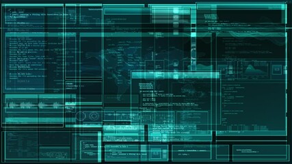 Hacker's interface with vibrant code snippets and abstract panels, creating a captivating high-tech aesthetic. Perfect for projects related to cybersecurity, technology, and software.