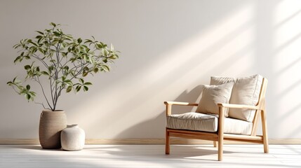 Aufkleber - Minimalist Living Room Featuring a Beige Wall, Elegant Chair, and Stylish Plant, Showcasing Serene Ambiance and Soft Lighting for Modern Interiors