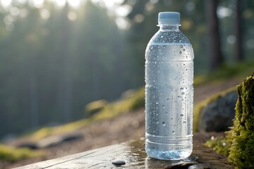 fresh cold water bottle outdoors during hiking or camping adventure in nature