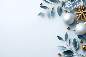 Wall Mural - elegant christmas pastel blue background with frosted eucalyptus leaves, white and gold decorations