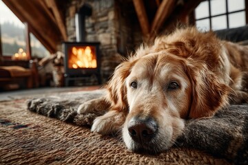 Poster - Golden Retriever Enjoys Cozy Warmth by the Fireplace in a Modern Living Room, Highlighting Relaxation and Comfort in a Beautifully Designed Space