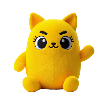 Adorable yellow cat monster plush with big eyes and a happy face, in a playful pose HD photography no people color image PNG file download