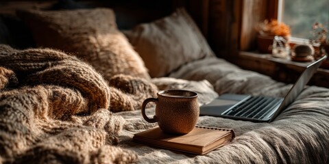 Poster - Cozy Workspace on a Linen Bedspread Surrounded by Warm Light and the Comforts of Coffee and Stationery