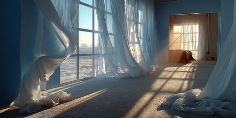 Poster - Sunlight Dances Through Sheer Curtains, Creating a Serene Atmosphere in a Breezy, Light-Filled Room With a Soft Pastel Ambiance