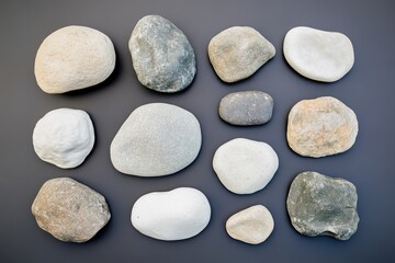 Smooth stones, various colors, arranged on dark background