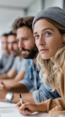 Poster - A group of employees participates in a dynamic meeting, utilizing a productivity app to enhance collaboration and brainstorming, fostering teamwork and creativity