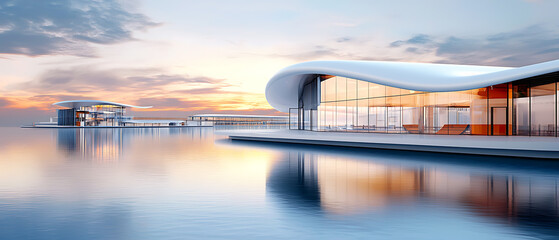 Poster - Modern architectural marvels coastal location digital artwork serene environment wide-angle view contemporary design