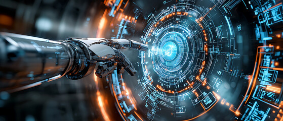 Poster - Futuristic robotic interaction virtual environment digital art sci-fi aesthetics close-up perspective innovation concept