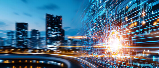 Poster - Dynamic urban technology showcase cityscape digital art nighttime futuristic concept