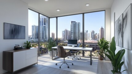 Poster - Contemporary workspace with clean design, white wall, and panoramic urban view through large glass panels