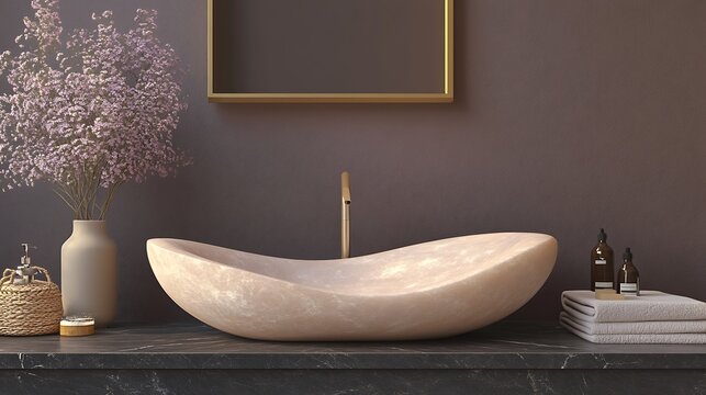 A sculptural marble sink shaped like a flowing ribbon, pure white with grey veining, set in a dark ambient bathroom. Subtle spotlights highlight the sink’s curves,