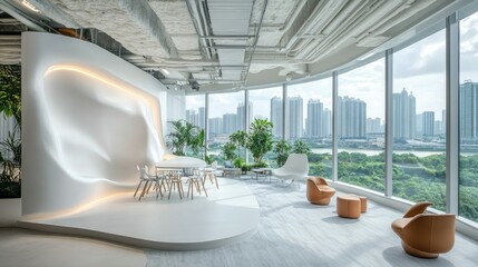 Poster - Spacious creative office with white wall backdrop and inspiring city view through panoramic windows