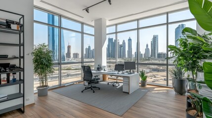 Poster - Spacious creative office with white wall backdrop and inspiring city view through panoramic windows