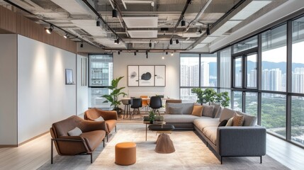 Poster - Spacious creative office with white wall backdrop and inspiring city view through panoramic windows