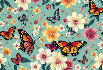 Poster - abstract floral seamless pattern with exotic butterflies and moths , vine, luxury