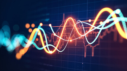 Poster - Abstract image of glowing orange and teal curves on a dark grid background, symbolizing data flow, market trends, or technological progress