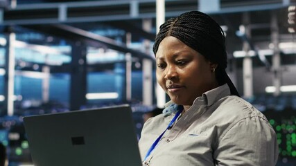 Poster - cheerful data center employee using node tree software to analyze datasets. upbeat server facility e