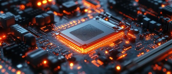 Poster - Glowing Circuits: A Close-Up of a Computer Motherboard's Central Processing Unit