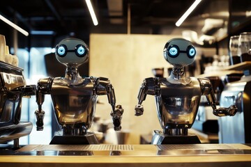 Poster - Robots serving customers at a modern cafe with a sleek design and futuristic technology