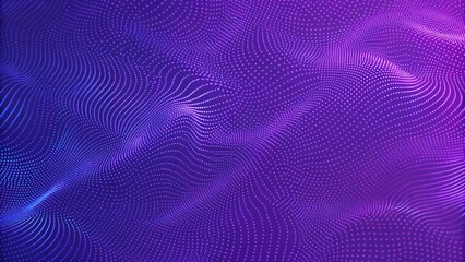 Leinwandbilder - Bright wavy background. Glowing dots and lines. Neon light. Wave element for design. Smooth particle waves. Dynamic techno wallpaper. Violet and blue colors. Futuristic abstract digital landscape