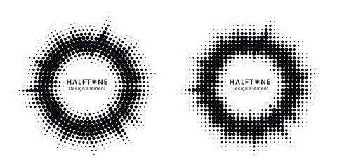 Aufkleber - Halftone circle frame background set. Round border Icon using halftone random circle. Grunge circular stain. Vector illustration.
