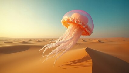 Poster - A surreal landscape showing a jellyfish floating over desert sand dunes under a sunny sky, creating a unique visual