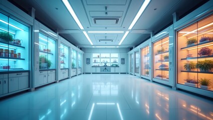 Poster - a modern science laboratory featuring neatly organized shelves with various items, with a bright and clean appearance