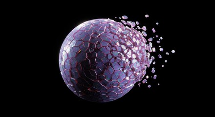 Poster - Shattering Purple Sphere Digital Art: Abstract 3D Render of a Fractured Geometric Orb