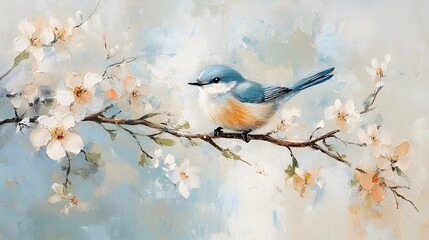 Naklejka na meble A serene blue bird perches delicately on a blossoming branch amidst soft pastel sp flowers in a tranquil nature painting.