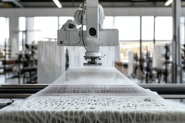 Poster - High-tech textile machine weaving intricate patterns in a modern factory setting