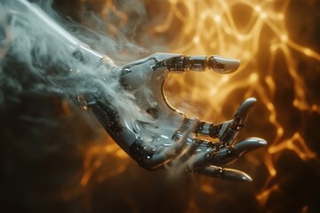 Poster - Robotic hand reaching out surrounded by swirling smoke and glowing light