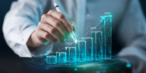 Poster - Hand interacts with a 3D holographic growth chart, showcasing progress from 2022 to 2025, symbolizing business success and future projections, ideal for financial or technology concepts