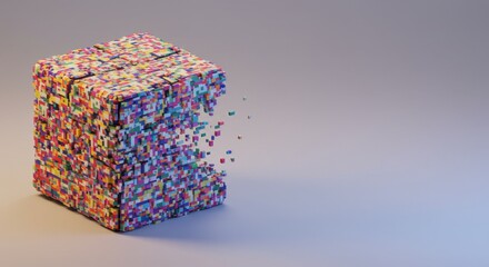 Poster - Colorful Cube Disintegrating Pixel Art Abstract 3D Render