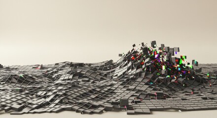 Poster - Abstract 3D Render of Exploding Cubic Landscape Glitch Art Digital Chaos
