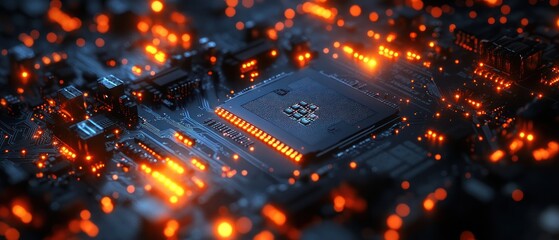 Poster - Glowing Circuit Board: A Close-Up of a Microchip's Intricate Design