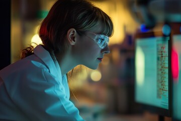 Poster - Young woman researching data in a laboratory late at night