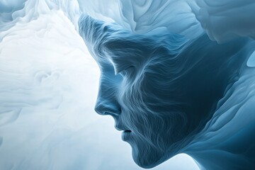 Poster - Elegant face silhouette created with flowing blue patterns and soft light effects