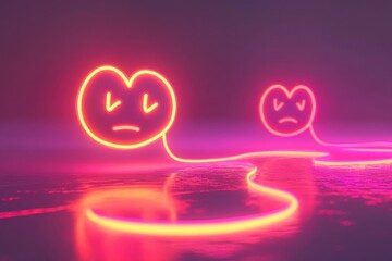 Poster - Neon heart designs with expressive faces in a glowing, moody environment
