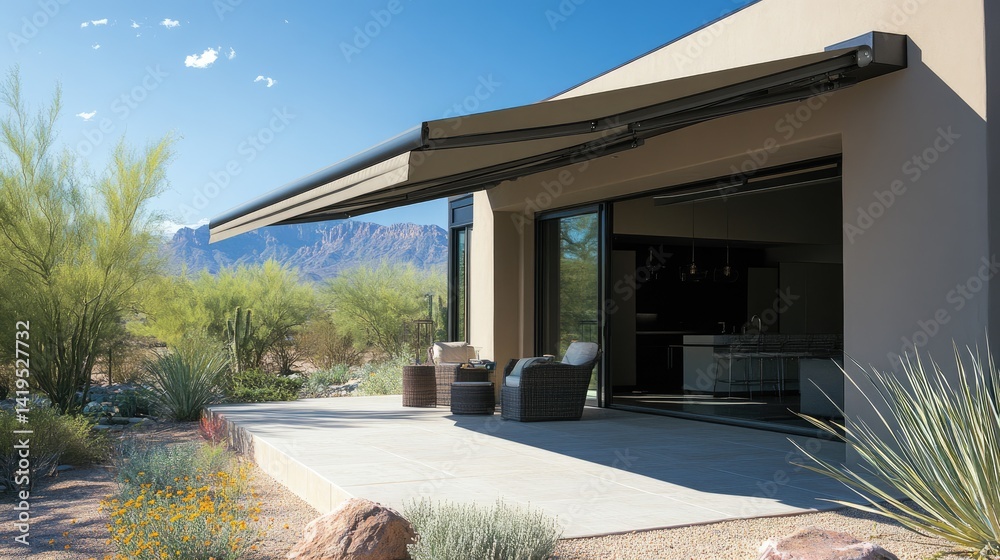 Modern home facade with slim PVC awning casting clean shadow lines over ...