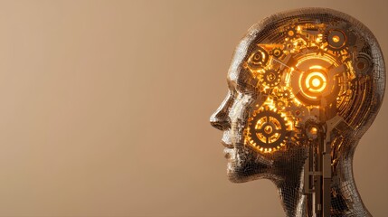 Poster - Futuristic human head with mechanical gears and golden light glow