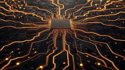 Poster - Abstract circuit board with golden connections and microchip center
