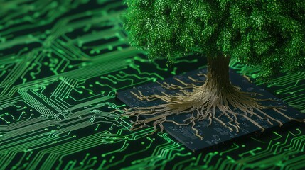 Poster - Tree growing from computer circuit board symbolizing technology nature