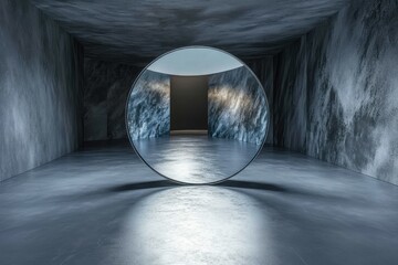 Poster - Circular mirror reflecting an abstract interior design in a modern space