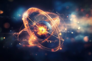 Poster - Vibrant depiction of an atom demonstrating energy and movement in a cosmic environment