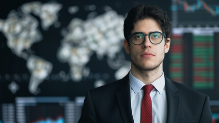 Poster - Confident Executive: A focused executive, with an air of determination, looks directly towards the camera, set against a backdrop of a dynamic world map.